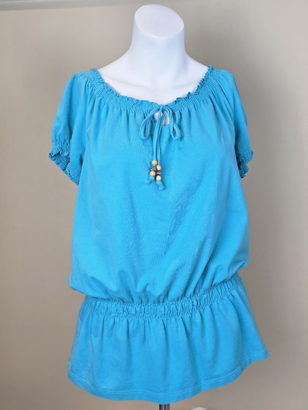 Size Small Turquoise Blue Peasant Top Smocked Keyhole Beaded Blouse
